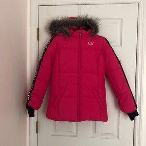 Calvin Klein Kids Pink Puffer Coat with Faux Fur Hood